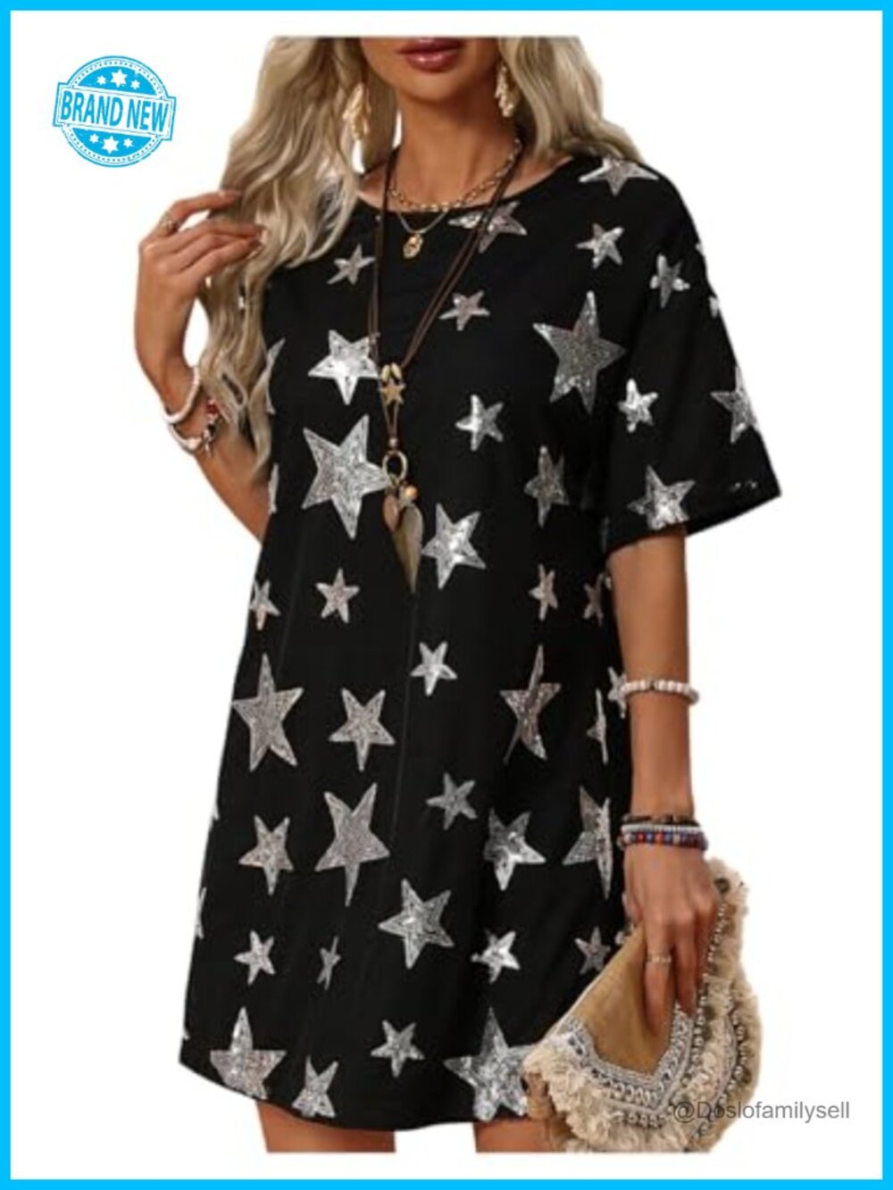 Sequin Star Short Sleeve T Shirt Dress Concert Festival Outfit
